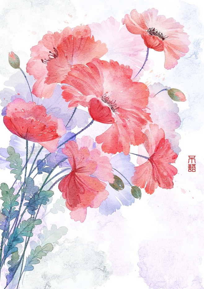水彩水墨古風花卉_不語_長如醉__插畫師.