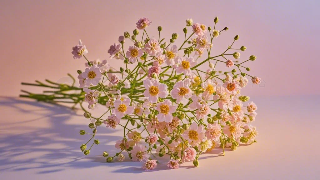 單束開(kāi)放滿天星花瓣粉色背景溫暖俯視情人節(jié)花卉產(chǎn)品攝影圖